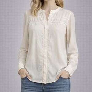 Ann Taylor Ivory Blouse Long Sleeve Pleated Front Top Workwear Elegant - small